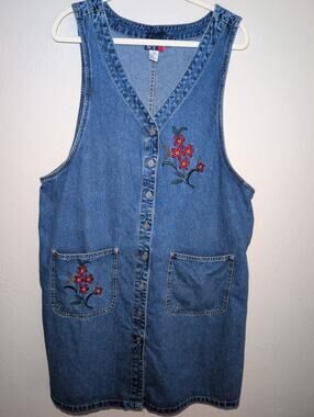 J.L. NY Womens Denim Dress 1X Embroidered Buttons Sleeveless Cottagecore Vintage